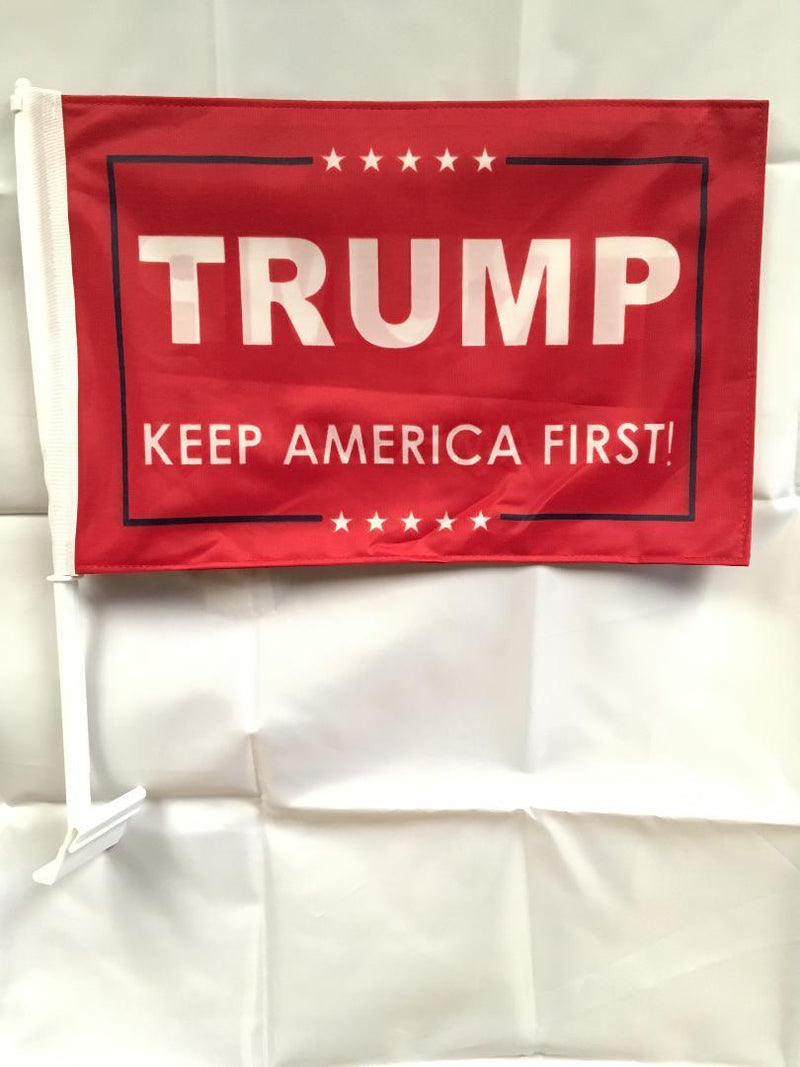 12 TRUMP KEEP AMERICA FIRST! RED CAR FLAGS BY THE DOZEN WHOLESALE PER DESIGN!