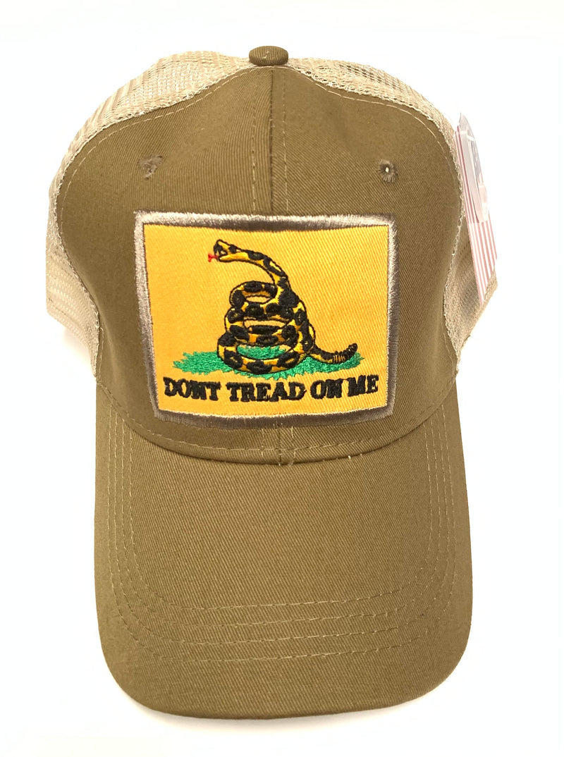 Gadsden Patch Khaki Tan Twill Mesh Back Embroidered Cap Don't Tread On Me Trucker