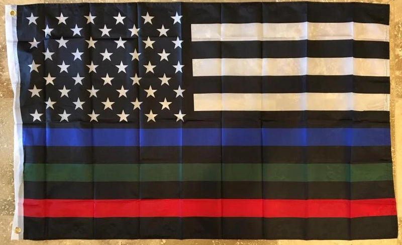 USA MEMORIAL OFFICIAL SERVICE SUPPORTERS FLAG (POLICE, MILITARY & FIRE RESCUE) FLAG THIN BLUE GREEN RED LINE AMERICAN FLAG 3X5 100D ROUGH TEX ® NYLON