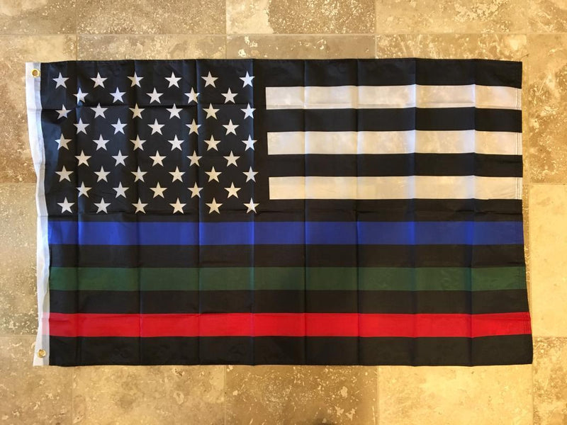 USA MEMORIAL OFFICIAL SERVICE SUPPORTERS FLAG (POLICE, MILITARY & FIRE RESCUE) FLAG THIN BLUE GREEN RED LINE AMERICAN FLAG 3X5 68D NYLON