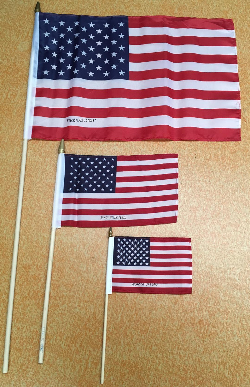 U.S.A. AMERICAN FLAG 4"X6" DESK SET, 6"X9" & 12"X18" STICK FLAGS WITH GOLD SPEARS SEWN EDGES BEST QUALITY